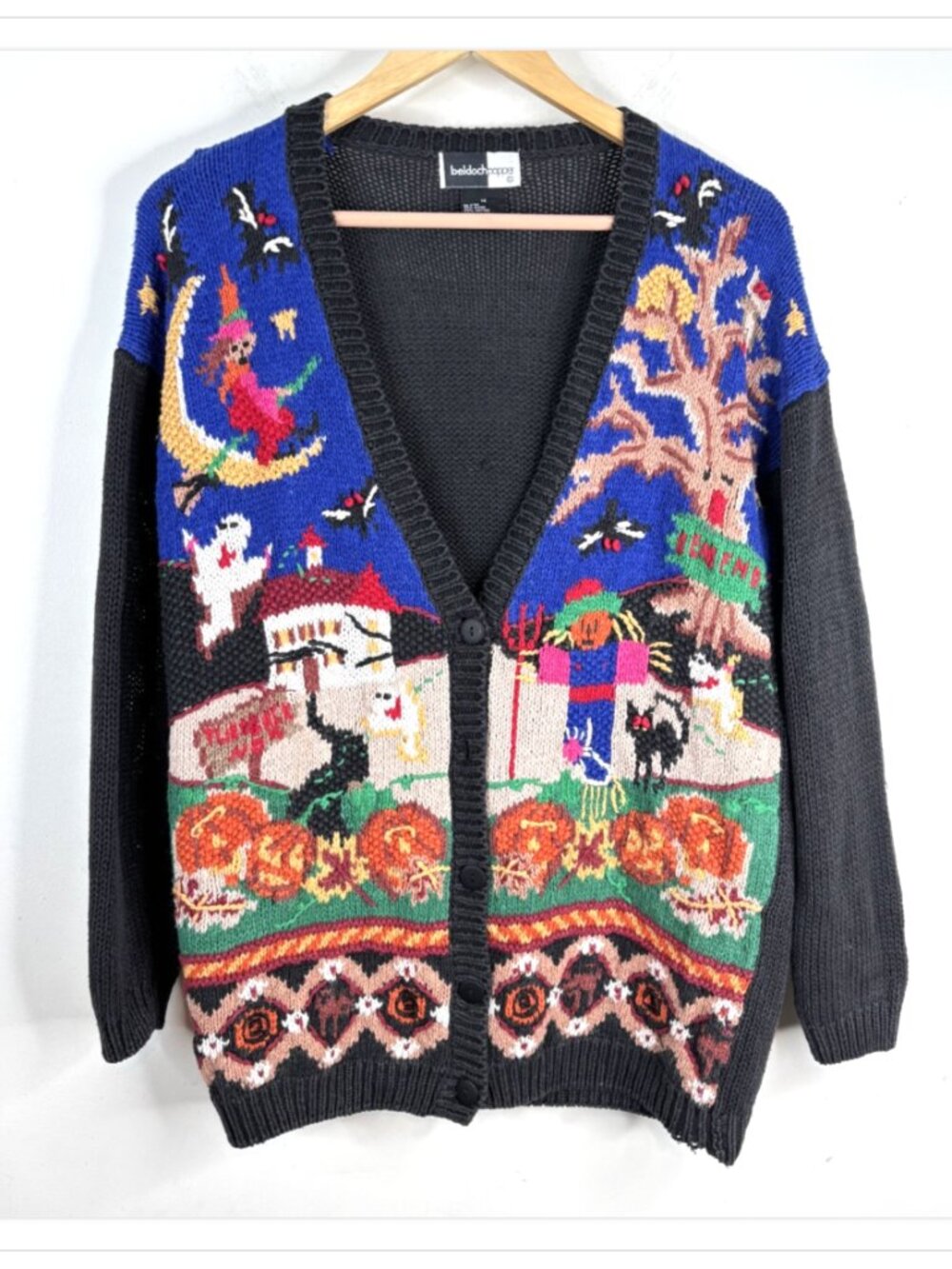 VTG 90s Beldoch Popper Halloween Cardigan M Hand Knit Ghost Witch Pumpkin Spooky
